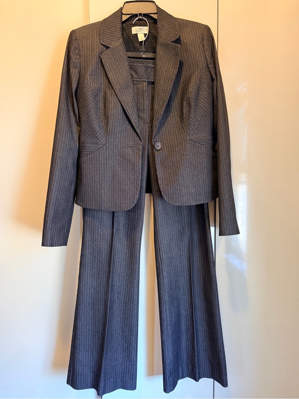 LOFT Charcoal Pinstripe Blazer and Wide-Leg Pantsuit